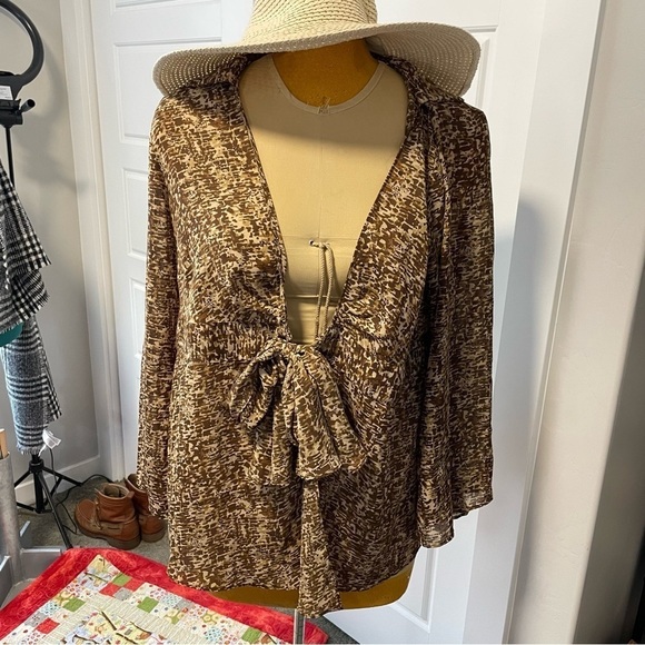 Lane Bryant Brown Tan Print Short Sleeve Front Tie Top Swim Cover Up Blouse - Picture 1 of 7